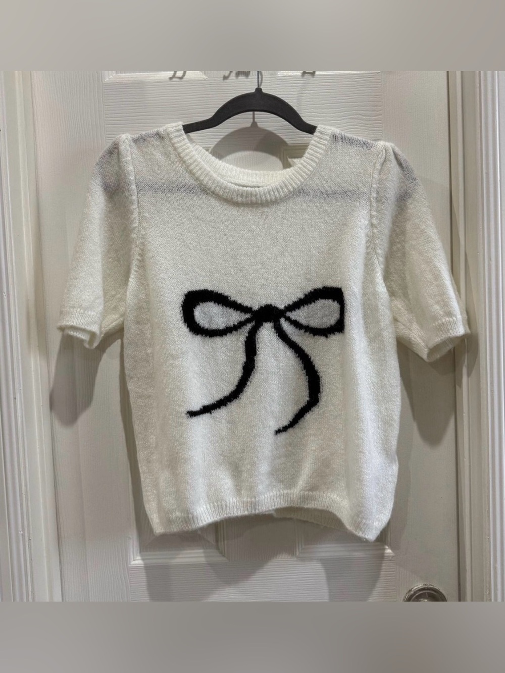 Anthropologie White Short-Sleeve Sweater with Black Bow Motif